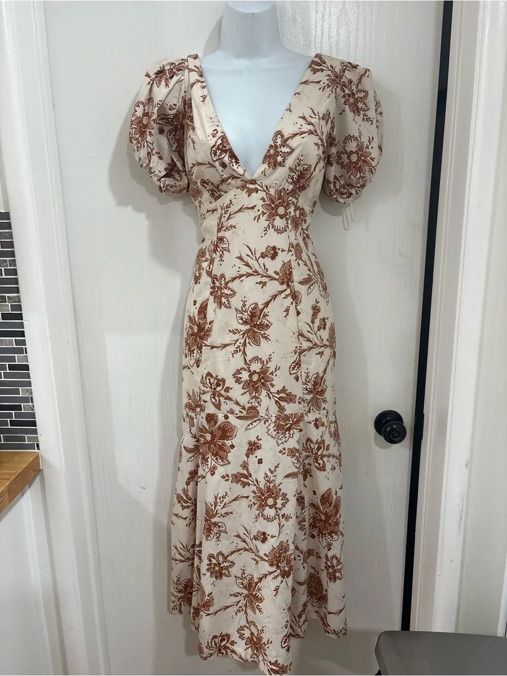Bohemian cottagecore Ivory and Brown Floral V-Neck Puff Sleeve Dress